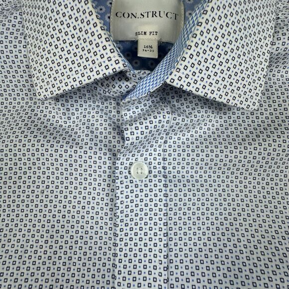 Con.Struct Shirt Mens Size 16.5 Blue Geometric Print Slim Fit Stretch Button Up - Picture 6 of 10